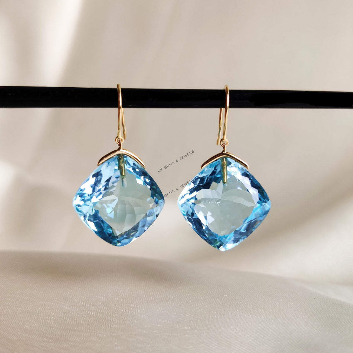 14K Solid Yellow Gold Natural Sky Blue Topaz Cushion Drill Earrings, December Birthstone