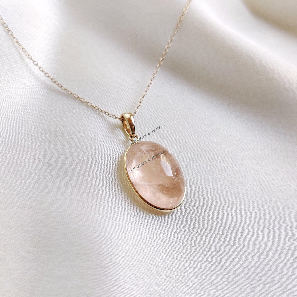 Oval Natural Morganite Pendant, 14K Solid Yellow Gold, November Birthstone
