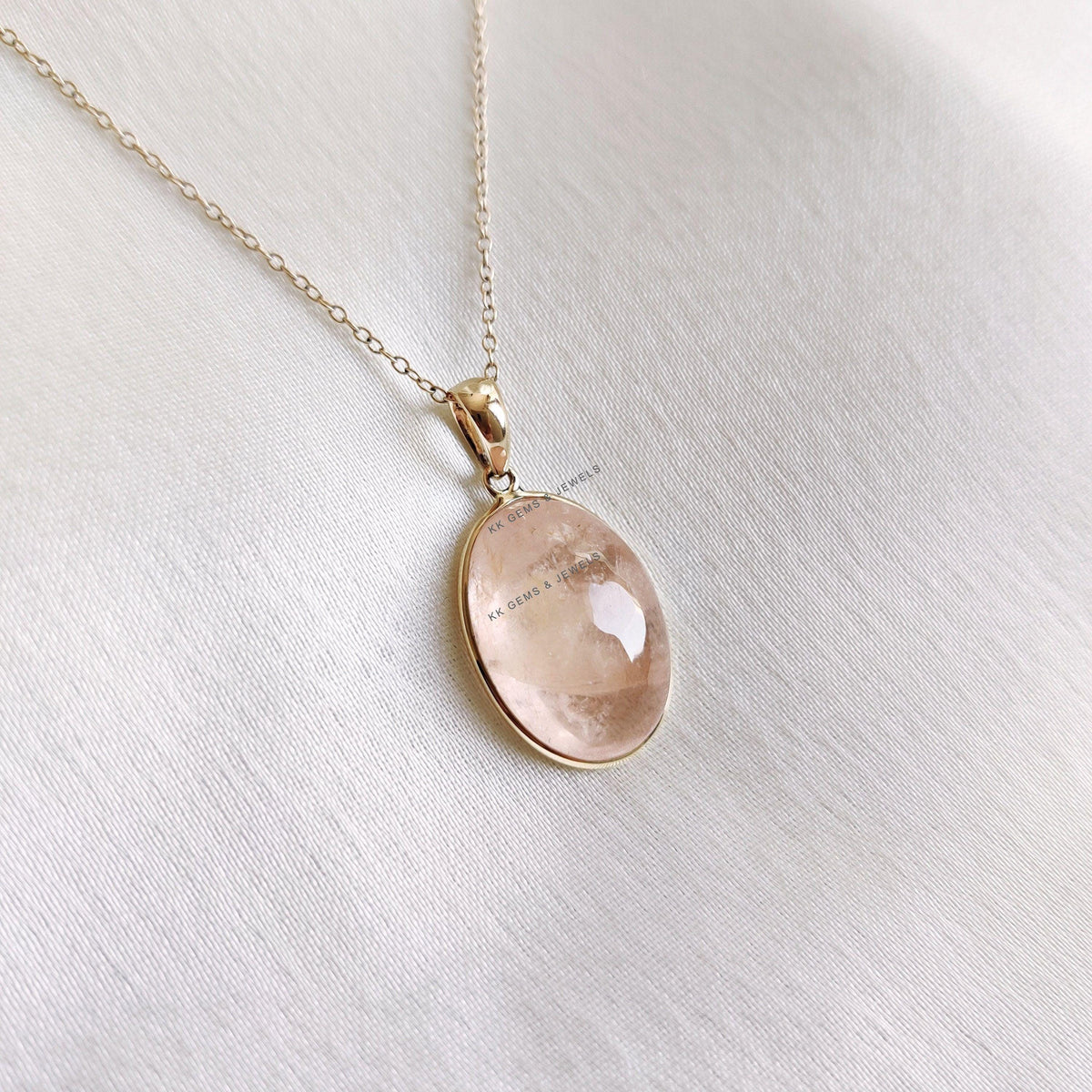 Oval Natural Morganite Pendant, 14K Solid Yellow Gold, November Birthstone