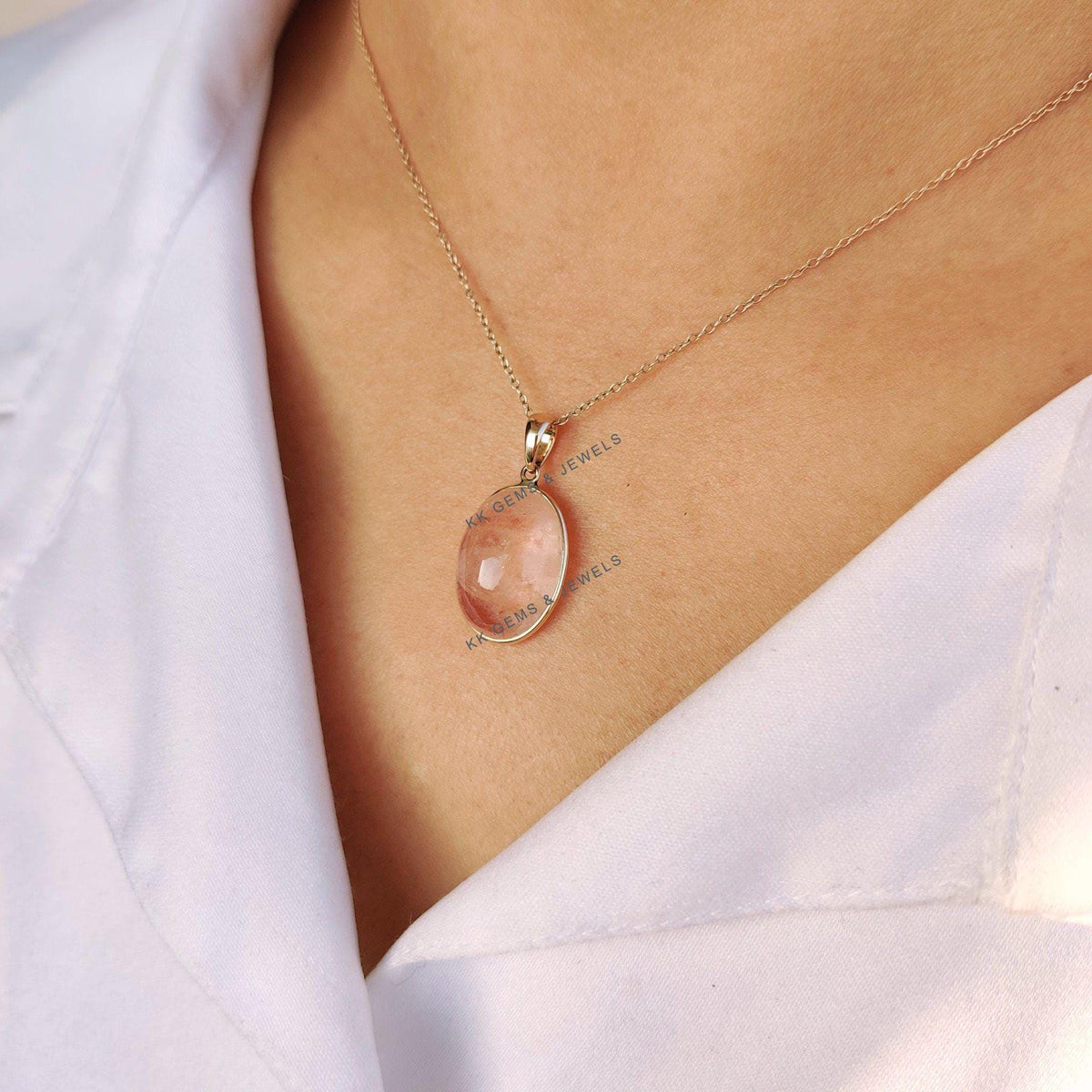 Oval Natural Morganite Pendant, 14K Solid Yellow Gold, November Birthstone