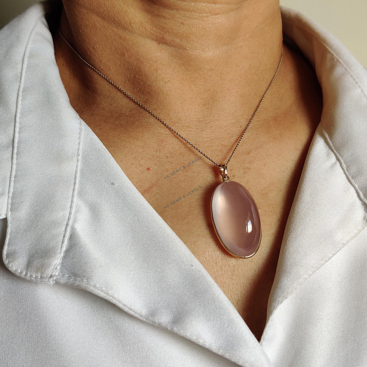 14K Solid Yellow Gold Natural Rose Quartz Pendant - January Birthstone