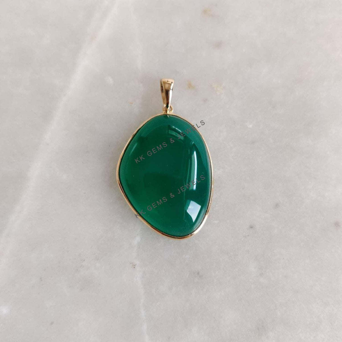14K Solid Gold Natural Green Onyx Fancy Bezel Pendant, May Birthstone Jewelry