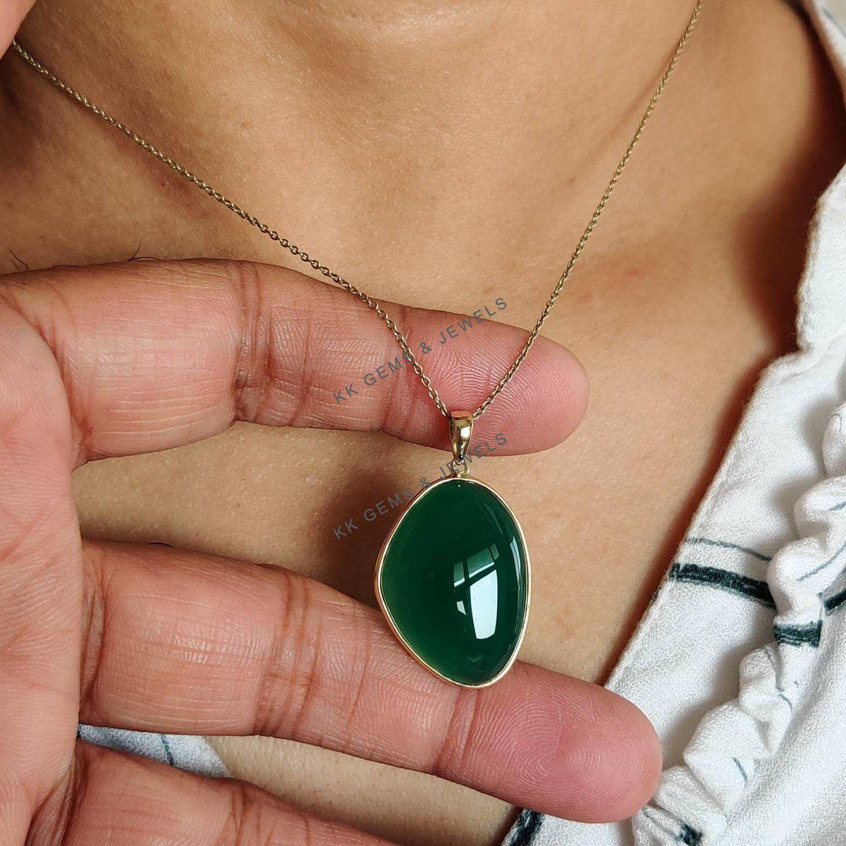 14K Solid Gold Natural Green Onyx Fancy Bezel Pendant, May Birthstone Jewelry