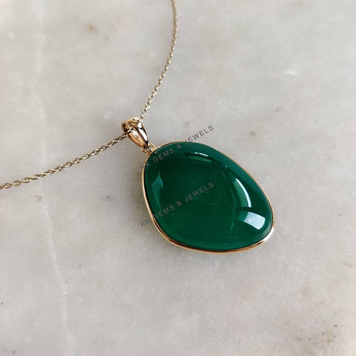 14K Solid Gold Natural Green Onyx Fancy Bezel Pendant, May Birthstone Jewelry