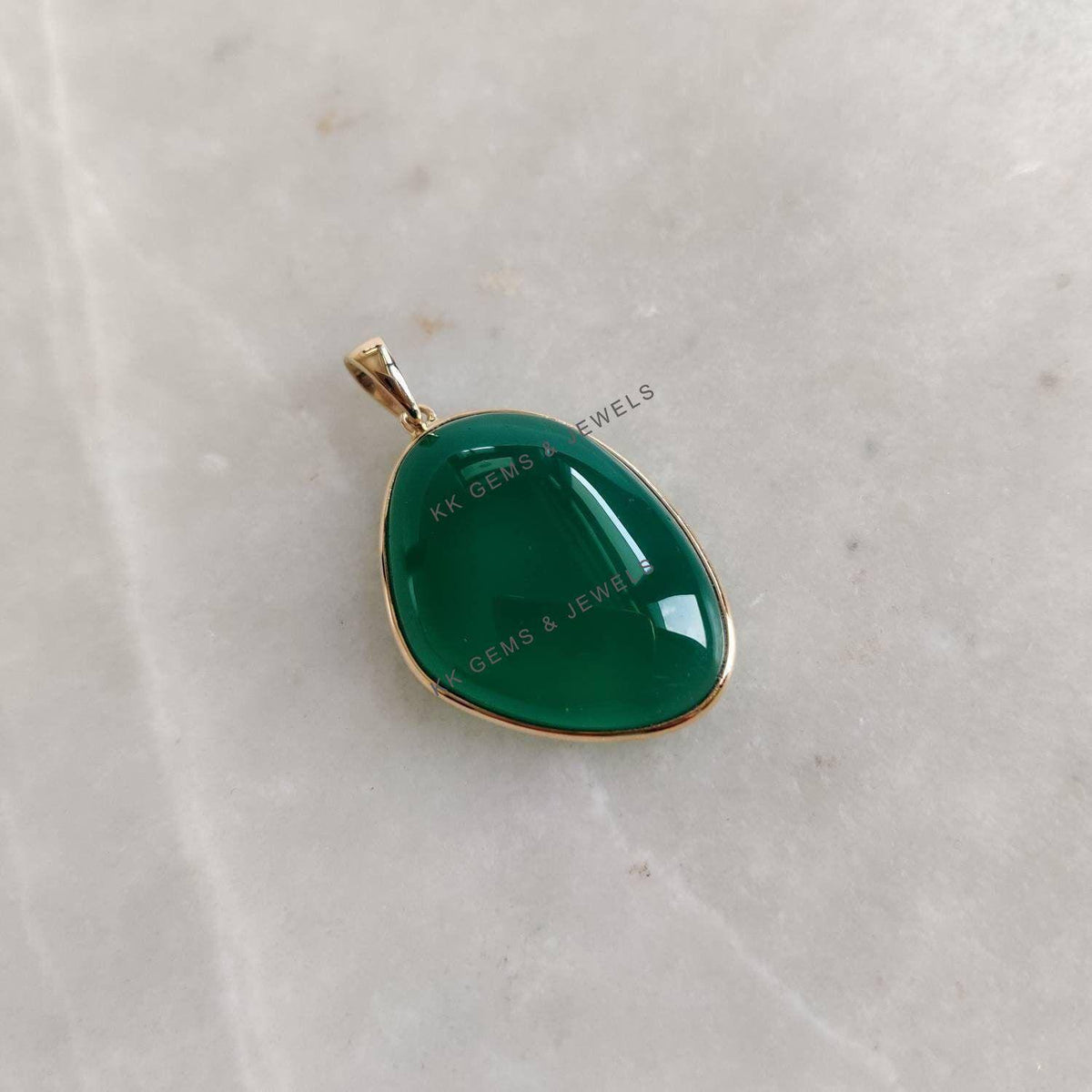 14K Solid Gold Natural Green Onyx Fancy Bezel Pendant, May Birthstone Jewelry
