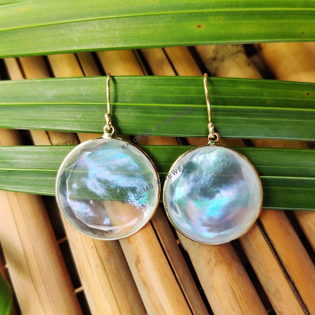 Natural Mother of Pearl Crystal Earrings, 14K Solid Yellow Gold Bezel Earrings