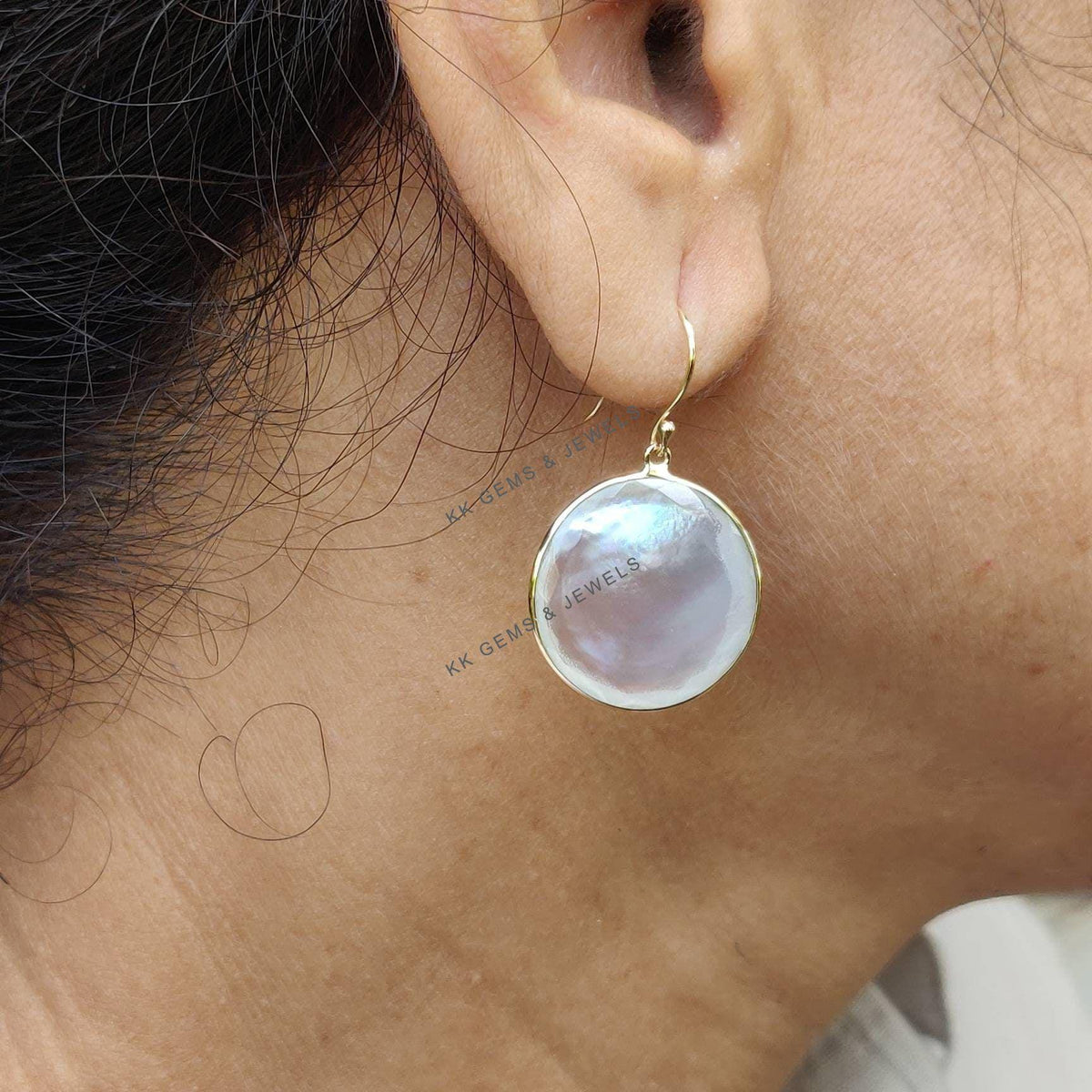 Natural Mother of Pearl Crystal Earrings, 14K Solid Yellow Gold Bezel Earrings
