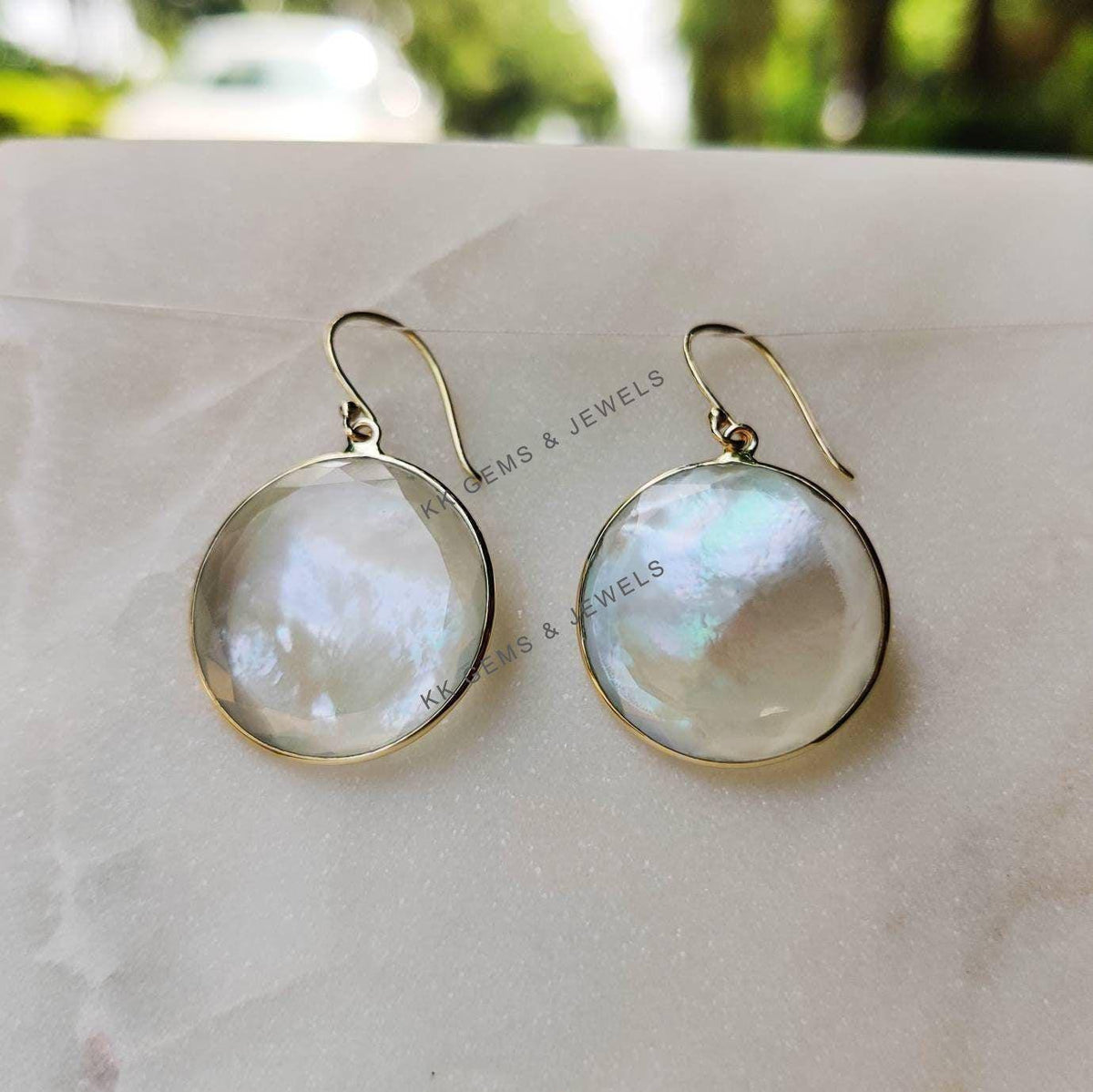 Natural Mother of Pearl Crystal Earrings, 14K Solid Yellow Gold Bezel Earrings