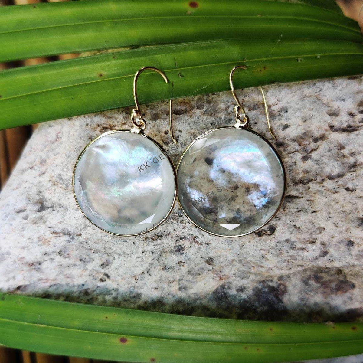 Natural Mother of Pearl Crystal Earrings, 14K Solid Yellow Gold Bezel Earrings
