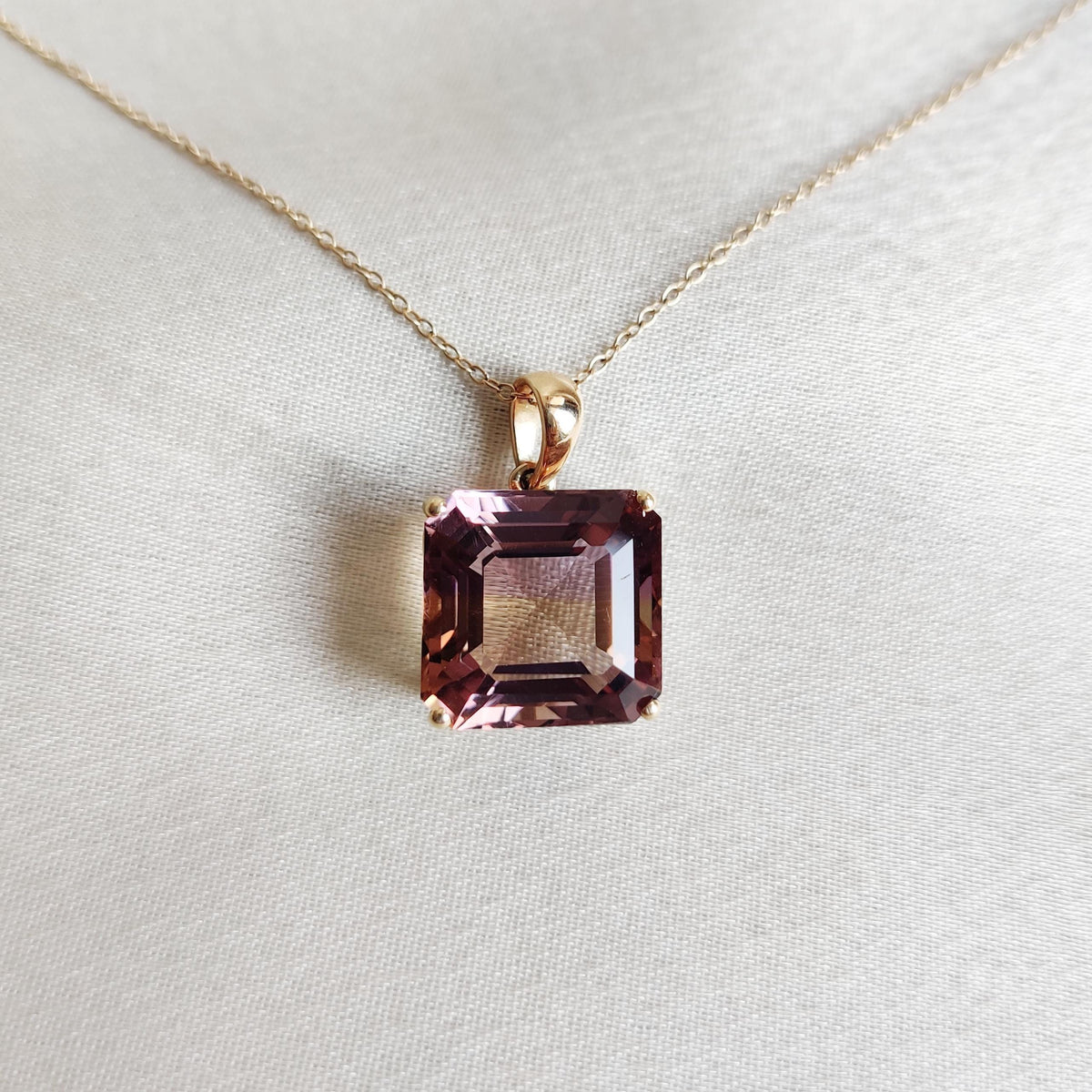 14K Solid Gold Natural Ametrine Pendant, Square Octagon, February November Birthstone