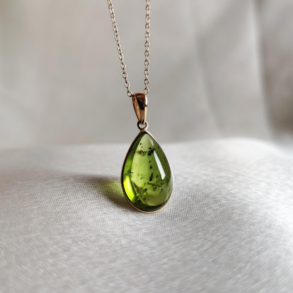 14K Solid Yellow Gold Pear Natural Peridot Pendant, August Birthstone Necklace