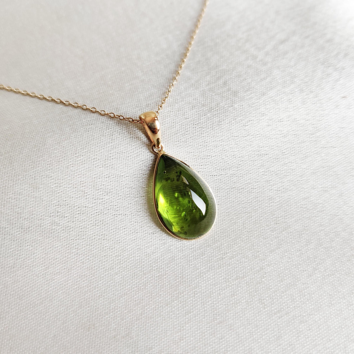 14K Solid Yellow Gold Pear Natural Peridot Pendant, August Birthstone Necklace