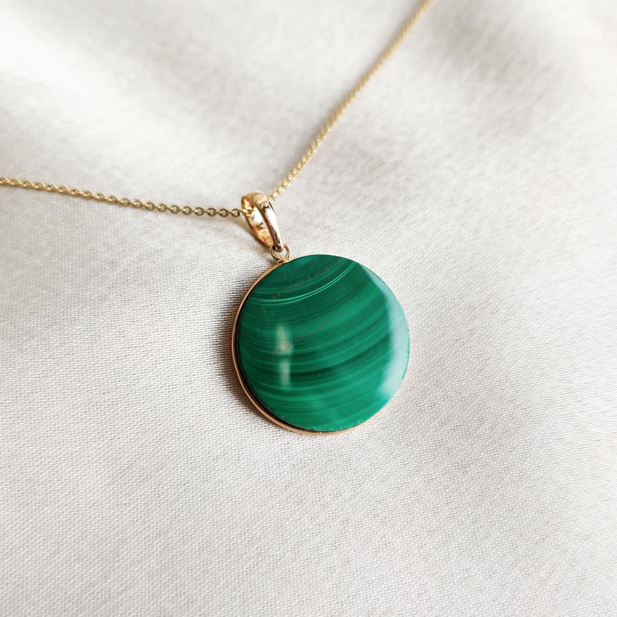 14K Solid Yellow Gold Natural Malachite Pendant: Round May Birthstone Jewelry
