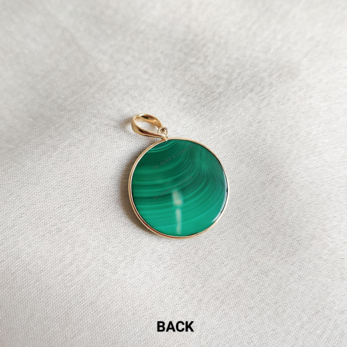 14K Solid Yellow Gold Natural Malachite Pendant: Round May Birthstone Jewelry