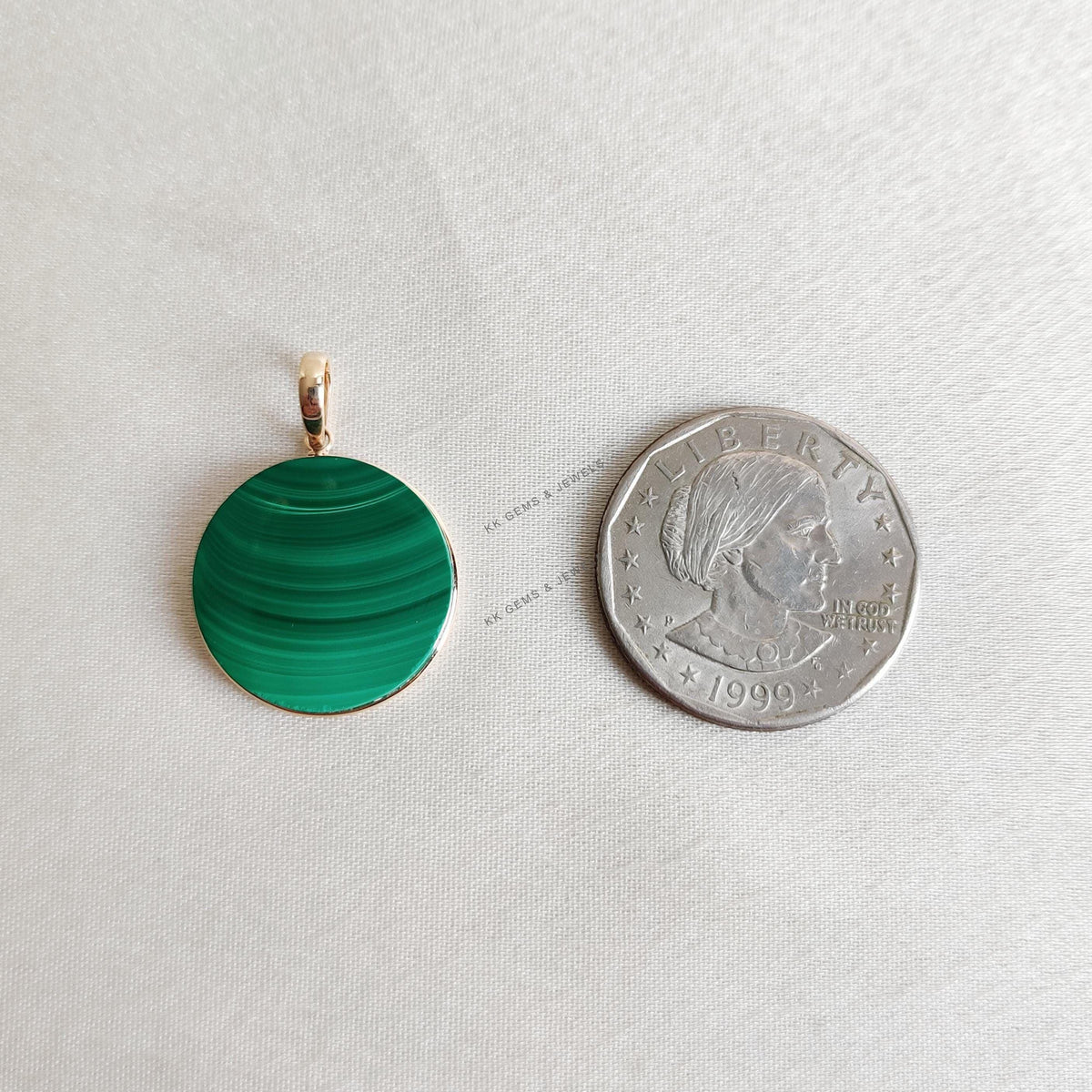 14K Solid Yellow Gold Natural Malachite Pendant: Round May Birthstone Jewelry