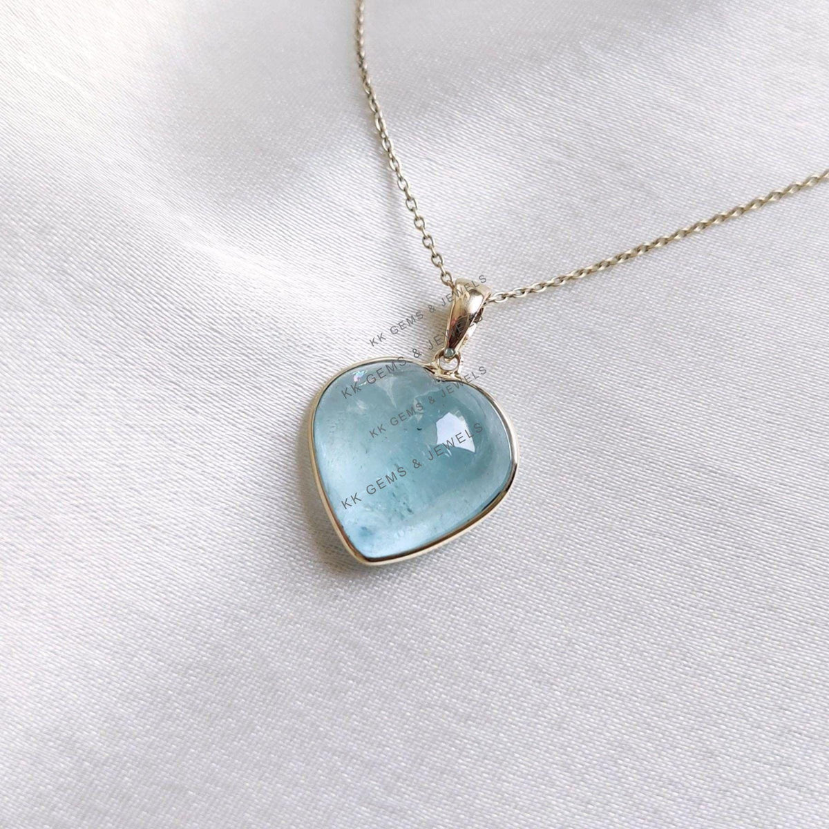 Natural Aquamarine Heart Pendant, 14K Solid Yellow Gold, March Birthstone