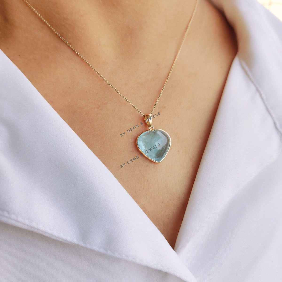 Natural Aquamarine Heart Pendant, 14K Solid Yellow Gold, March Birthstone