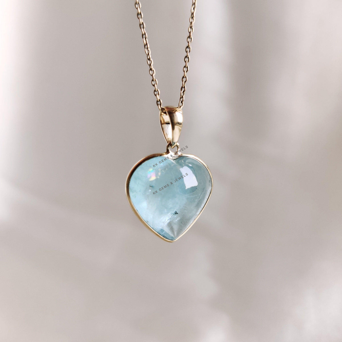 Natural Aquamarine Heart Pendant, 14K Solid Yellow Gold, March Birthstone
