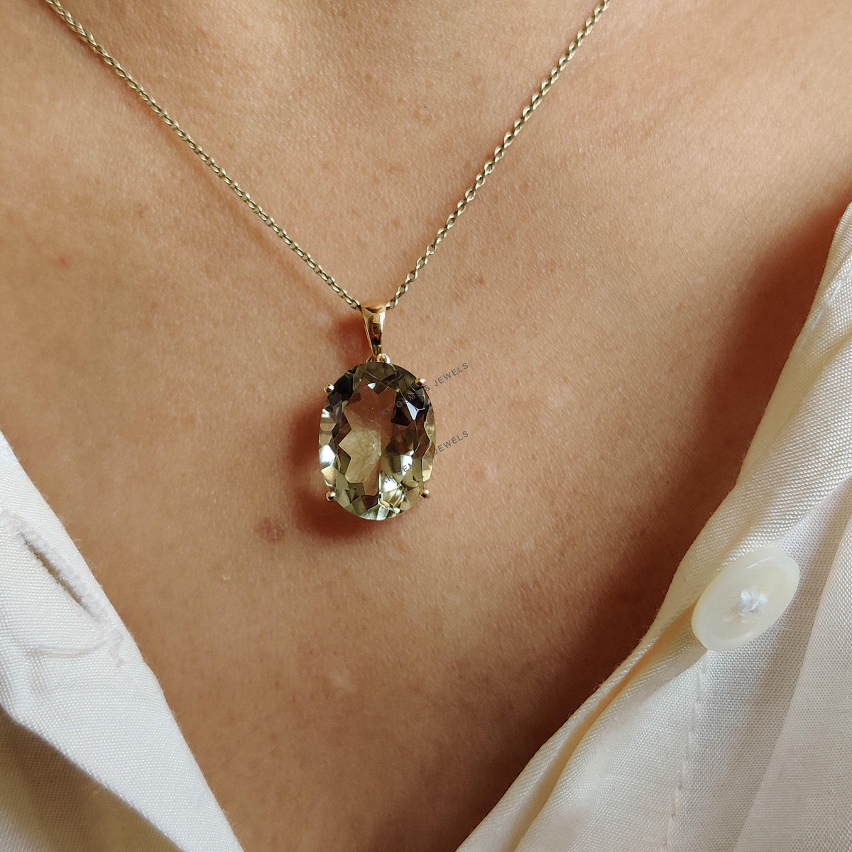 Natural Green Amethyst Pendant: 14K Solid Yellow Gold, February Birthstone