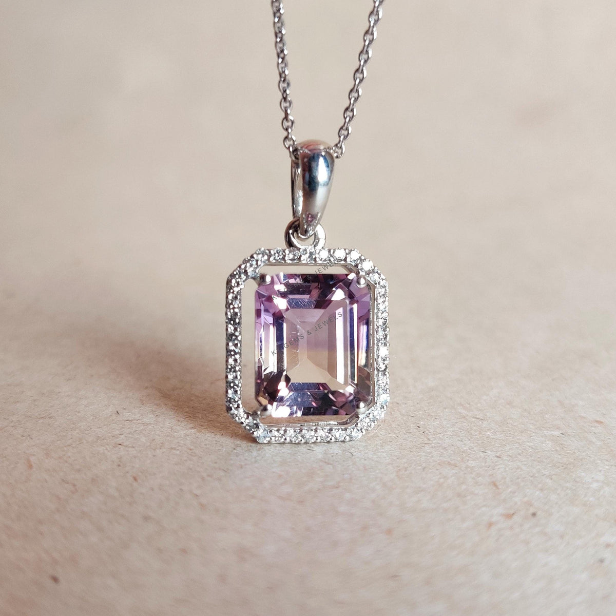 Natural Ametrine & Diamond Pendant, 14K Solid White Gold Pendant, February Birthstone,