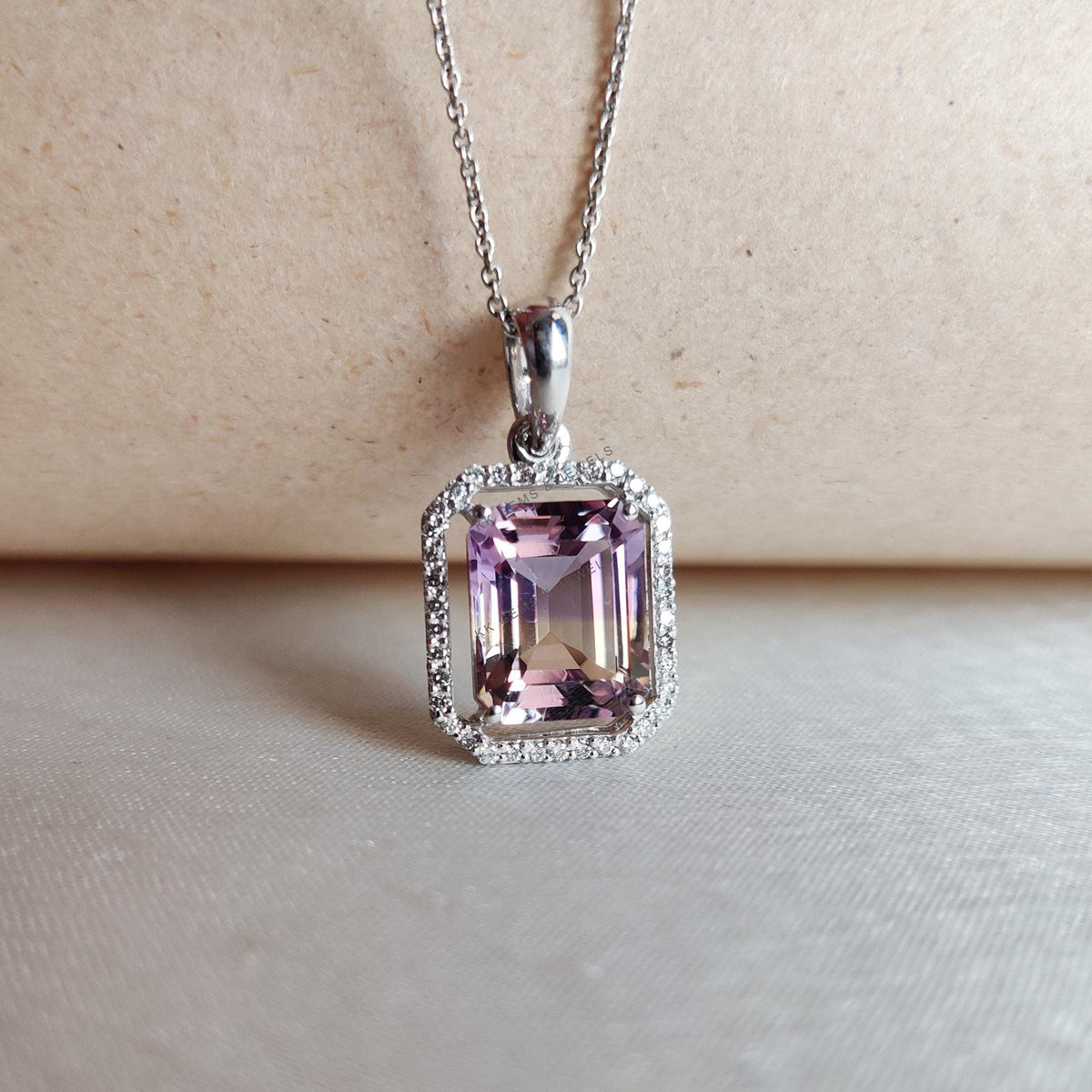 Natural Ametrine & Diamond Pendant, 14K Solid White Gold Pendant, February Birthstone,