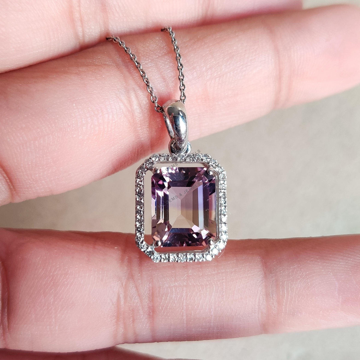 Natural Ametrine & Diamond Pendant, 14K Solid White Gold Pendant, February Birthstone,