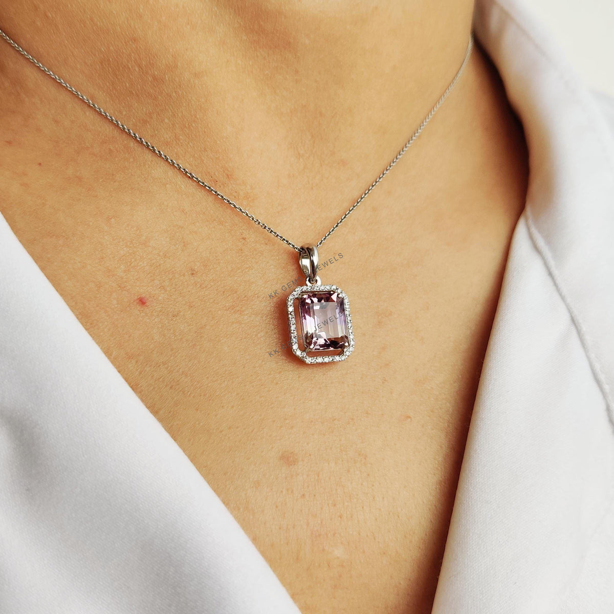 Natural Ametrine & Diamond Pendant, 14K Solid White Gold Pendant, February Birthstone,