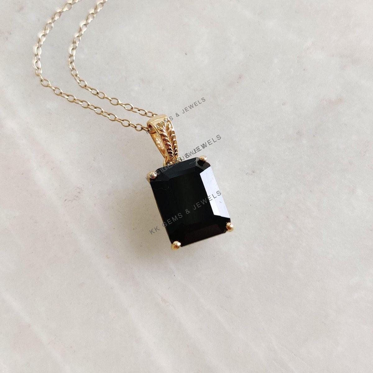 Natural Black Onyx Pendant, 14K Solid Yellow Gold, December Birthstone