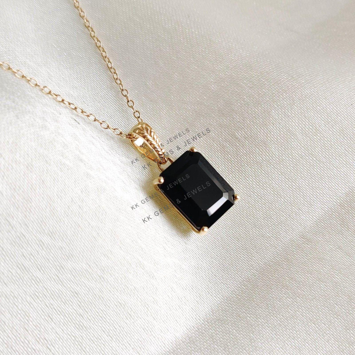 Natural Black Onyx Pendant, 14K Solid Yellow Gold, December Birthstone