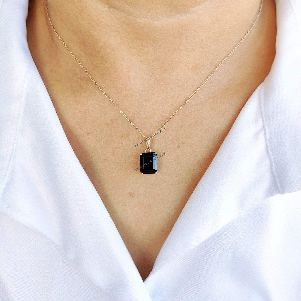Natural Black Onyx Pendant, 14K Solid Yellow Gold, December Birthstone
