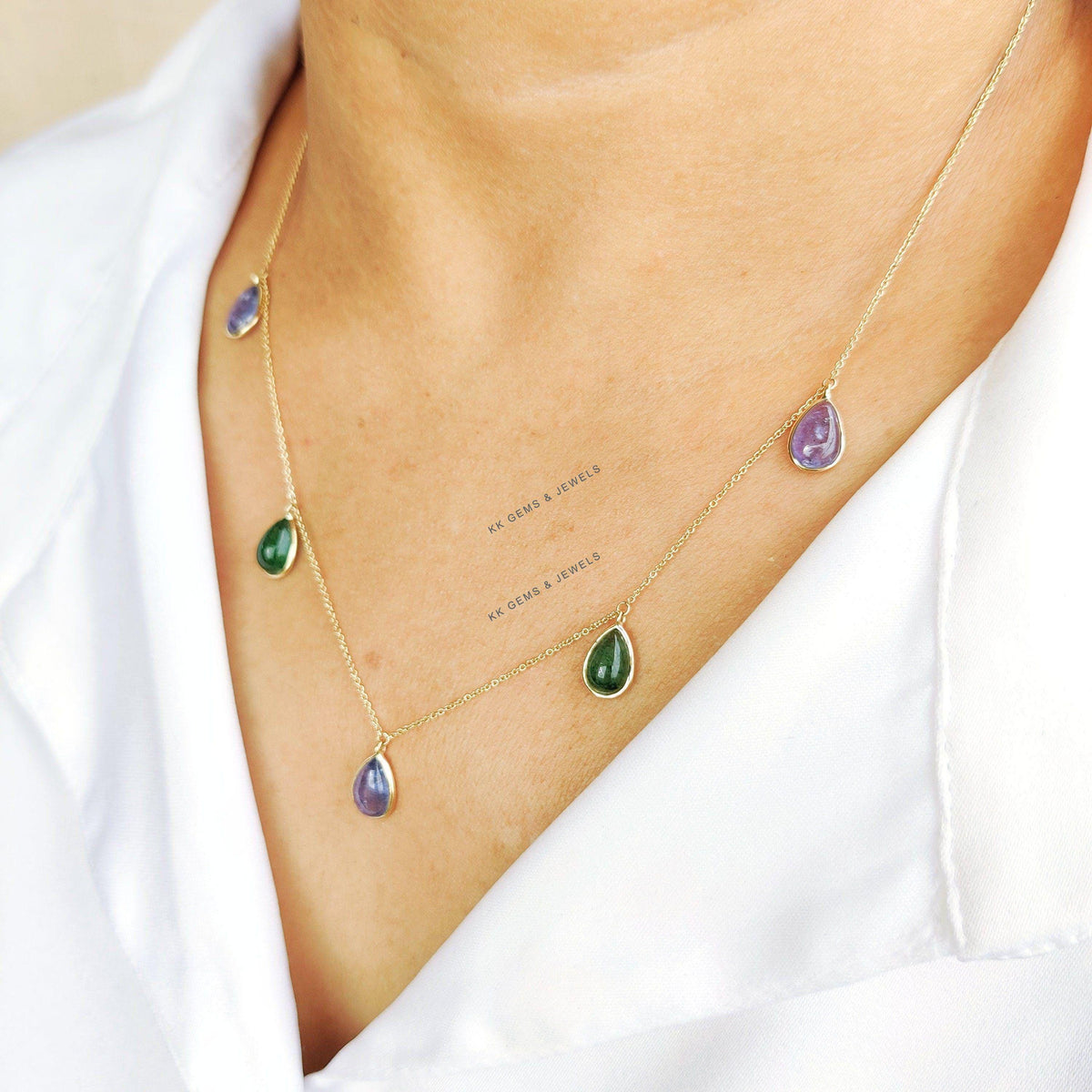 Natural Green Aventurine & Tanzanite Chain Necklace, 14K Solid Yellow Gold Bezel Set