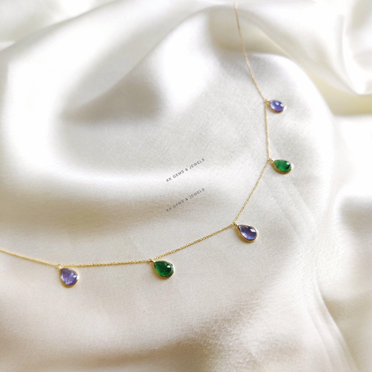 Natural Green Aventurine & Tanzanite Chain Necklace, 14K Solid Yellow Gold Bezel Set
