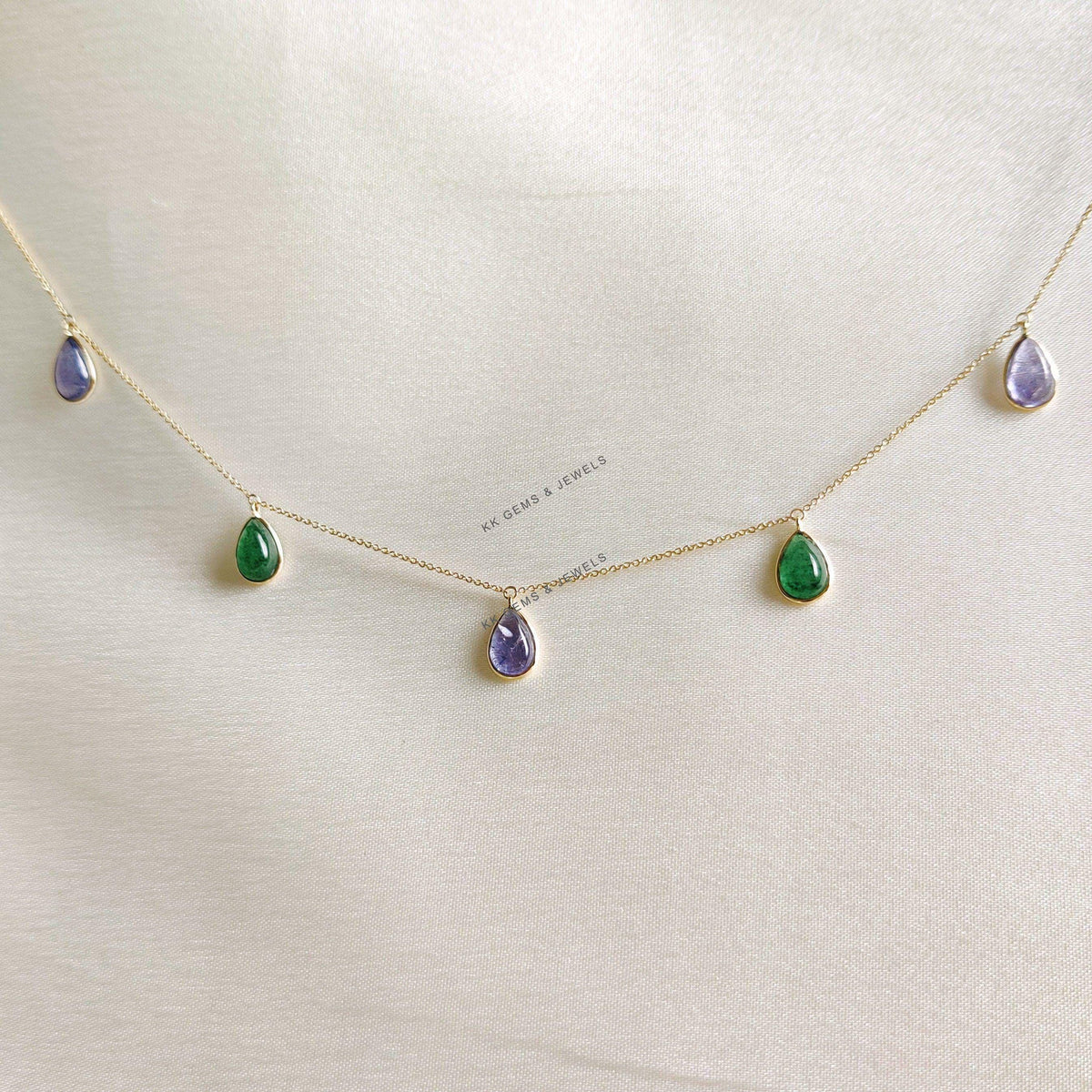 Natural Green Aventurine & Tanzanite Chain Necklace, 14K Solid Yellow Gold Bezel Set