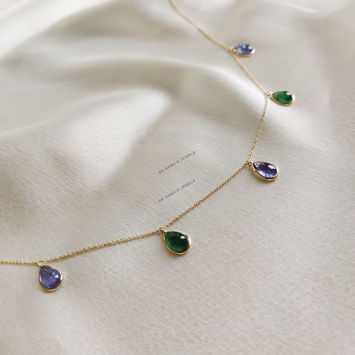 Natural Green Aventurine & Tanzanite Chain Necklace, 14K Solid Yellow Gold Bezel Set
