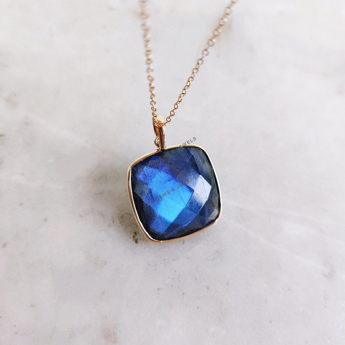 Natural Labradorite Pendant, 14K Solid Yellow Gold, August Birthstone