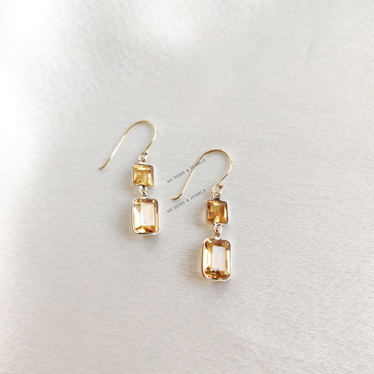 14K Solid Yellow Gold Natural Citrine Drop Earrings: November Birthstone
