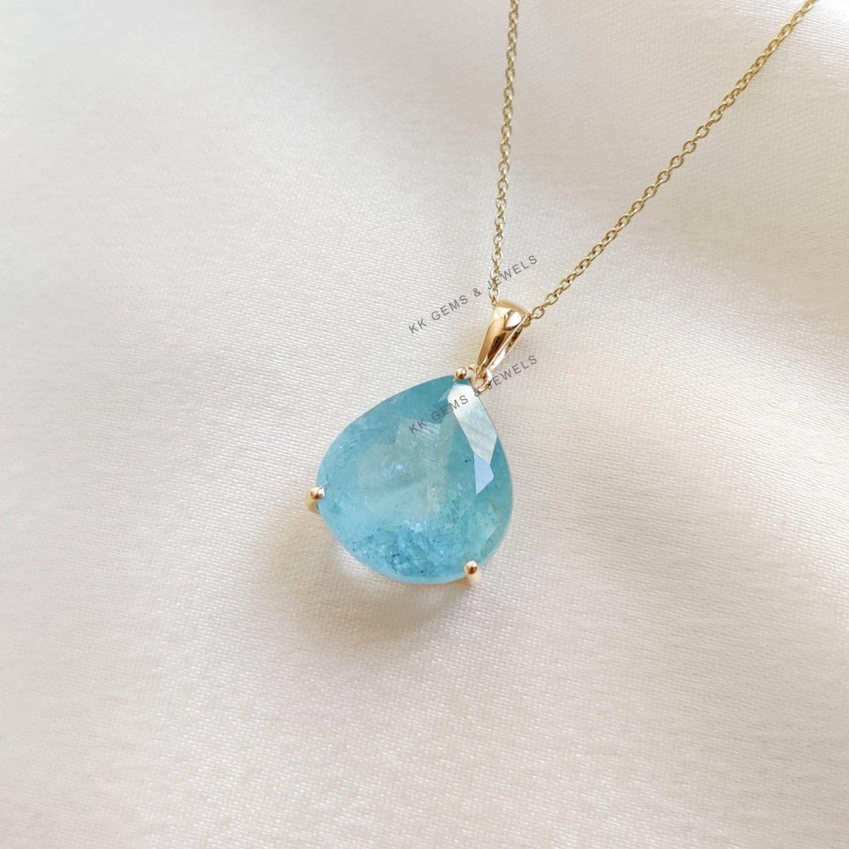 Pear Natural Aquamarine Pendant, 14K Solid Yellow Gold, March Birthstone