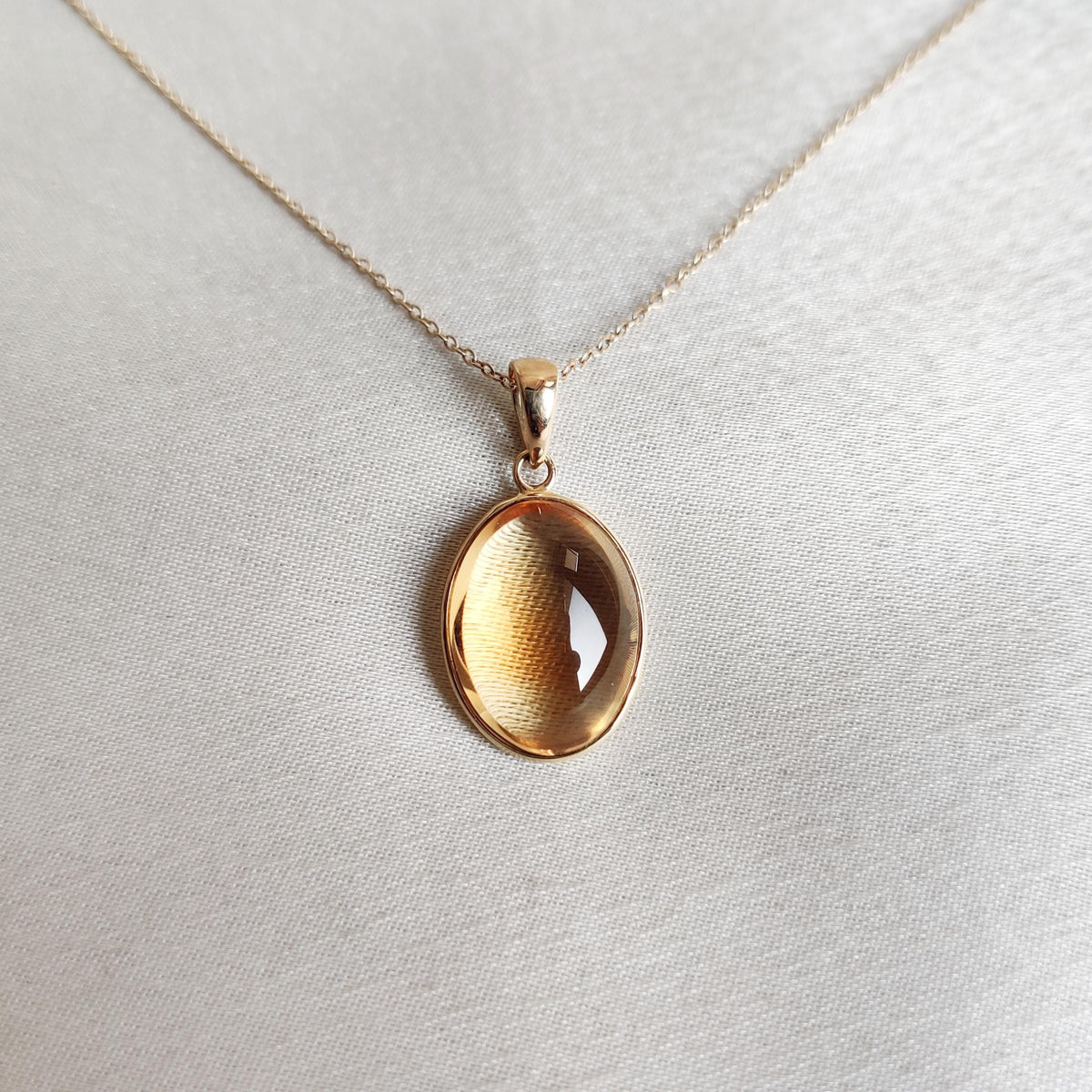 14K Solid Yellow Gold Natural Citrine Oval Bezel Pendant, November Birthstone