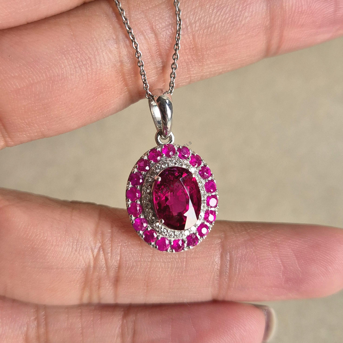 Natural Rubellite & Ruby and Diamond Pendant, 14K Solid White Gold Pendant, October July Birthstone,