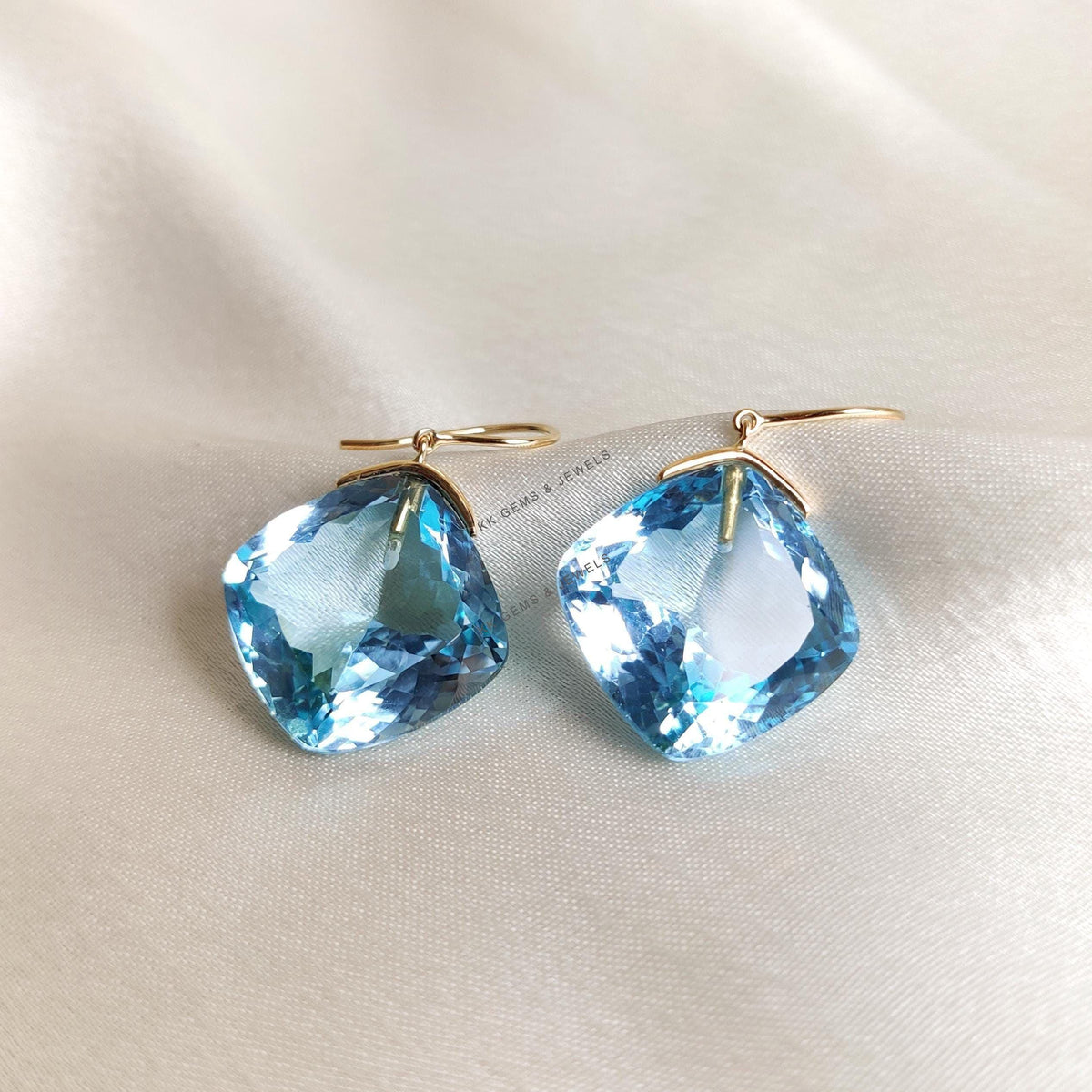 14K Solid Yellow Gold Natural Sky Blue Topaz Cushion Drill Earrings, December Birthstone
