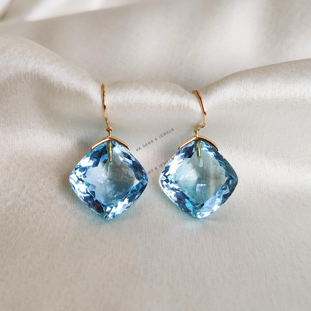 14K Solid Yellow Gold Natural Sky Blue Topaz Cushion Drill Earrings, December Birthstone
