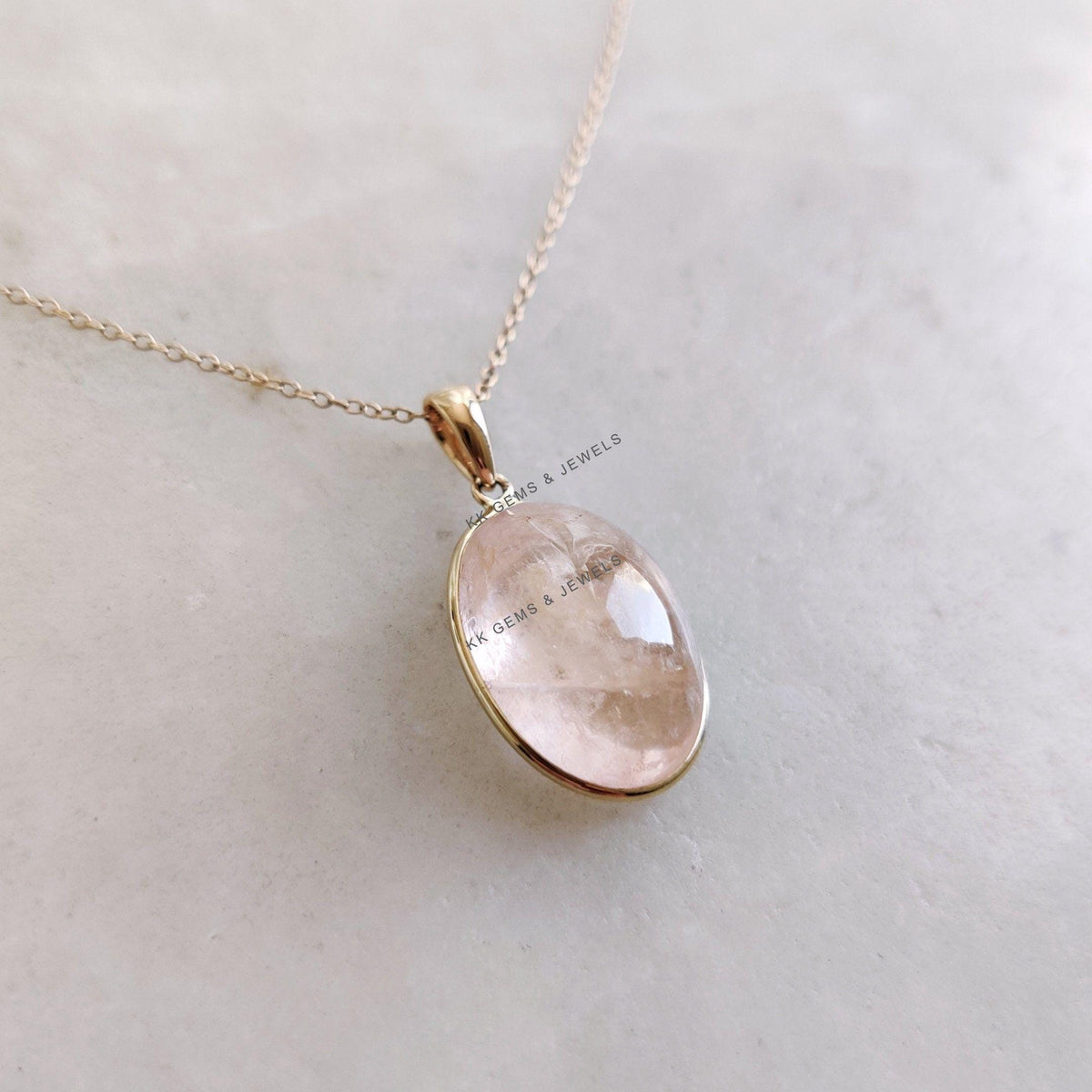 Oval Natural Morganite Pendant, 14K Solid Yellow Gold, November Birthstone
