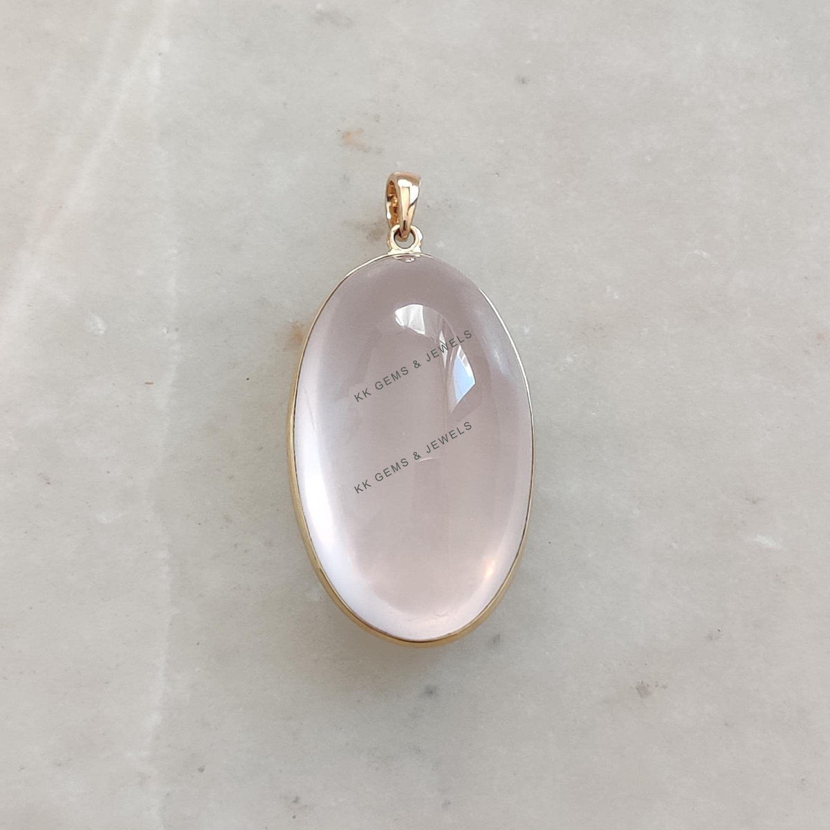 14K Solid Yellow Gold Natural Rose Quartz Pendant - January Birthstone