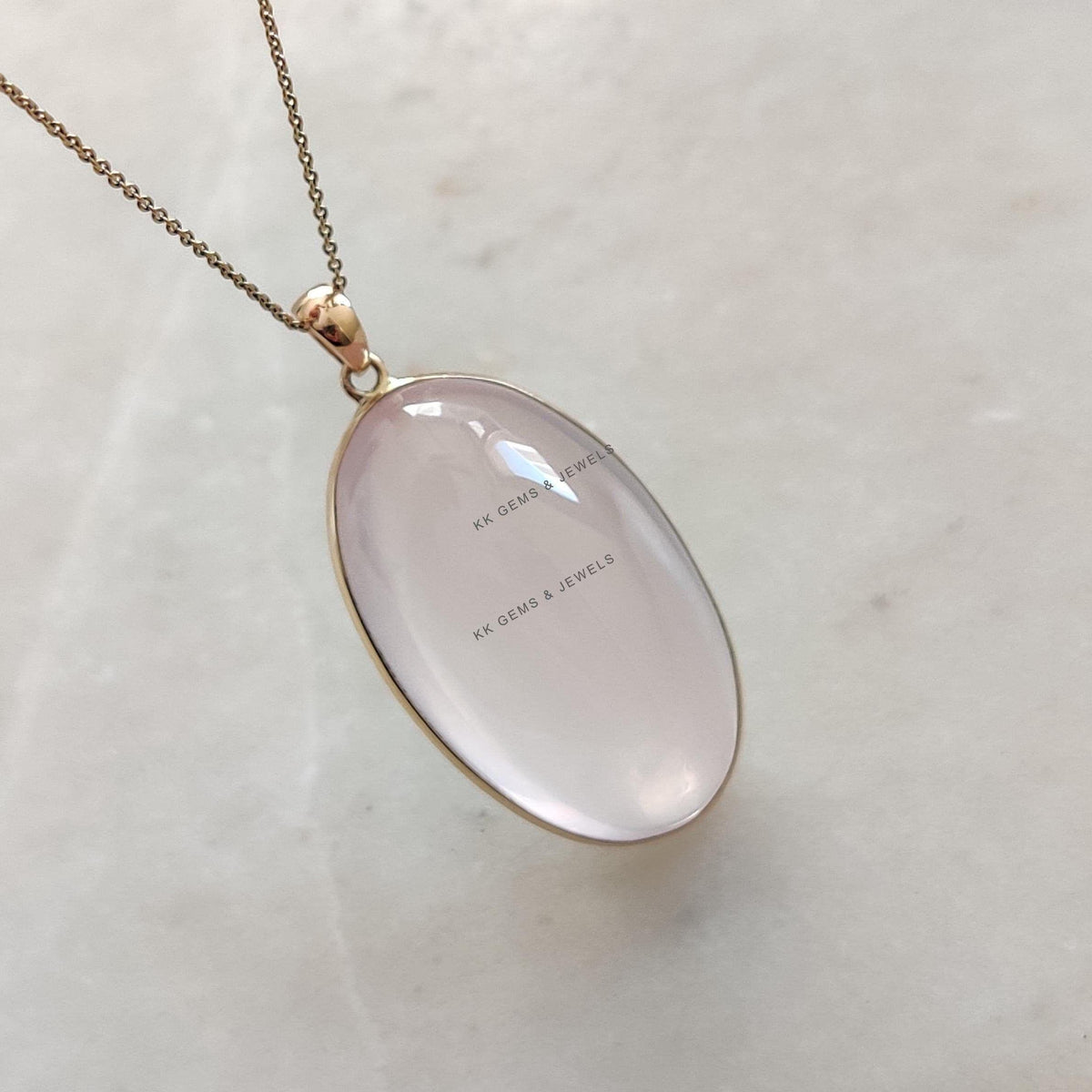 14K Solid Yellow Gold Natural Rose Quartz Pendant - January Birthstone