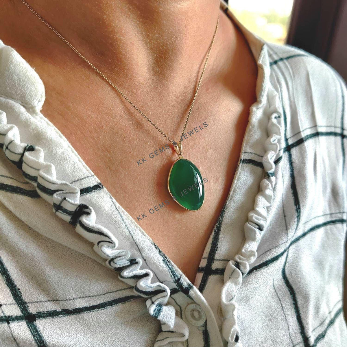 14K Solid Gold Natural Green Onyx Fancy Bezel Pendant, May Birthstone Jewelry