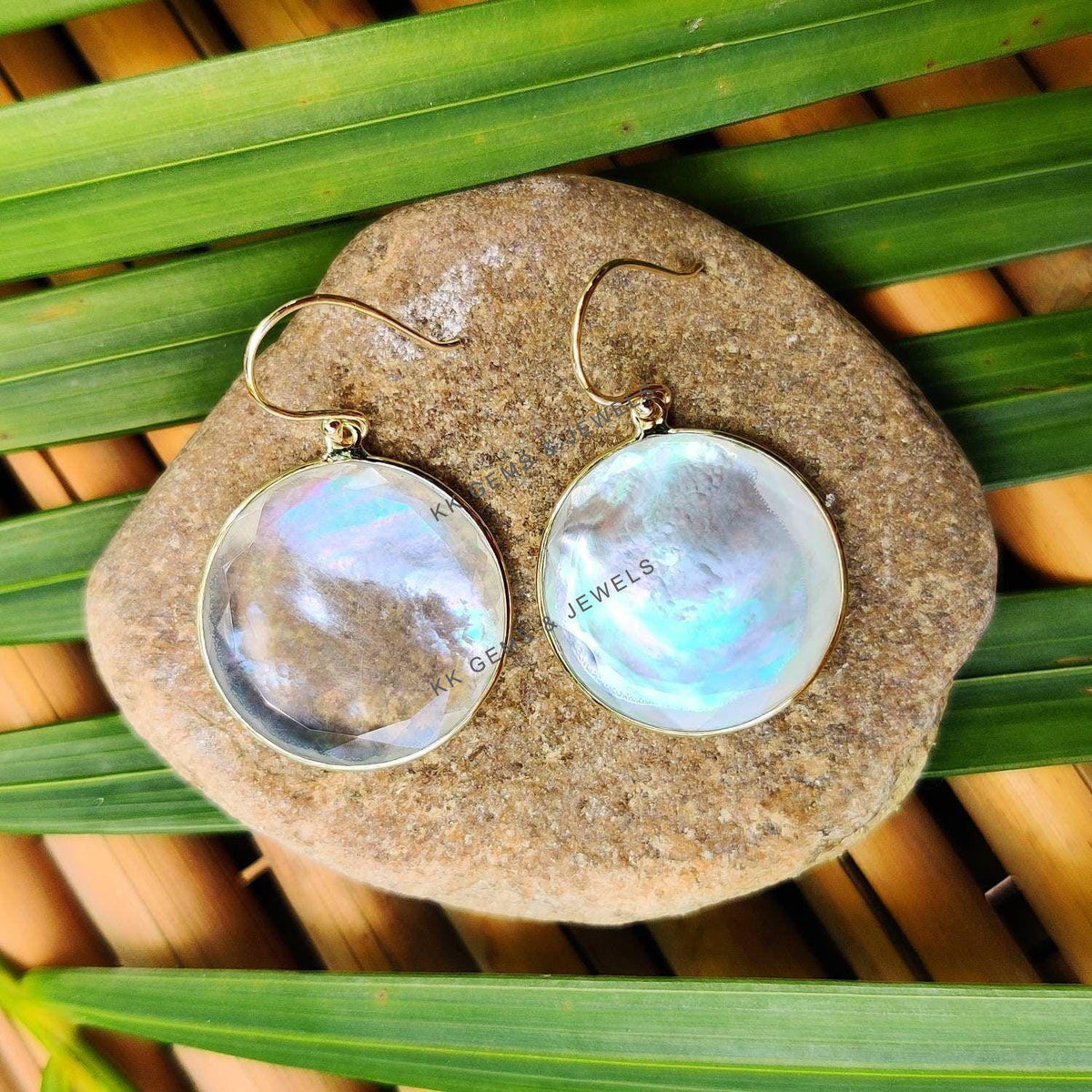 Natural Mother of Pearl Crystal Earrings, 14K Solid Yellow Gold Bezel Earrings