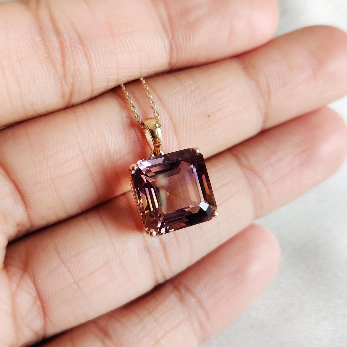 14K Solid Gold Natural Ametrine Pendant, Square Octagon, February November Birthstone