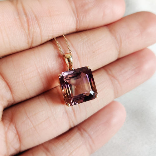 14K Solid Gold Natural Ametrine Pendant, Square Octagon, February November Birthstone