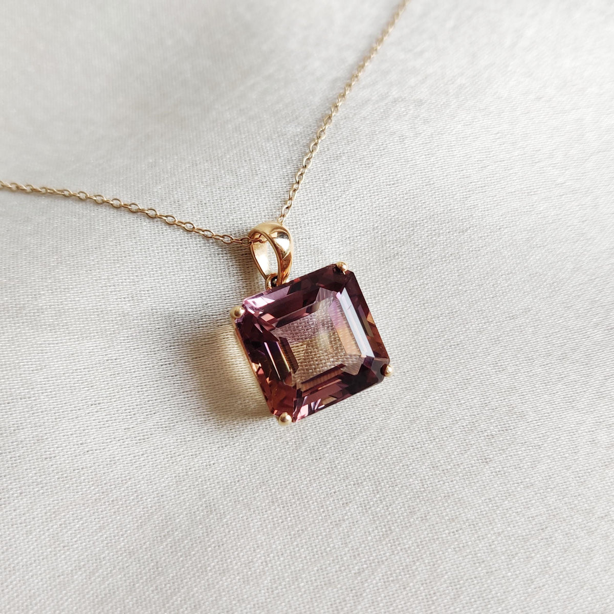 14K Solid Gold Natural Ametrine Pendant, Square Octagon, February November Birthstone