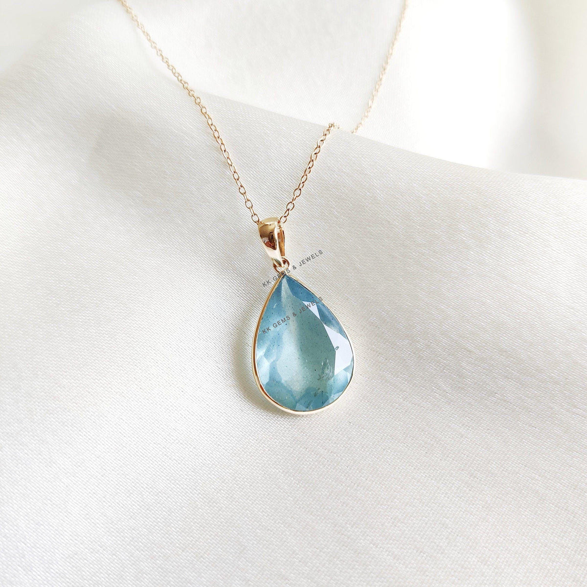 Natural Aquamarine 14K Solid Yellow Gold Pear Pendant, March Birthstone